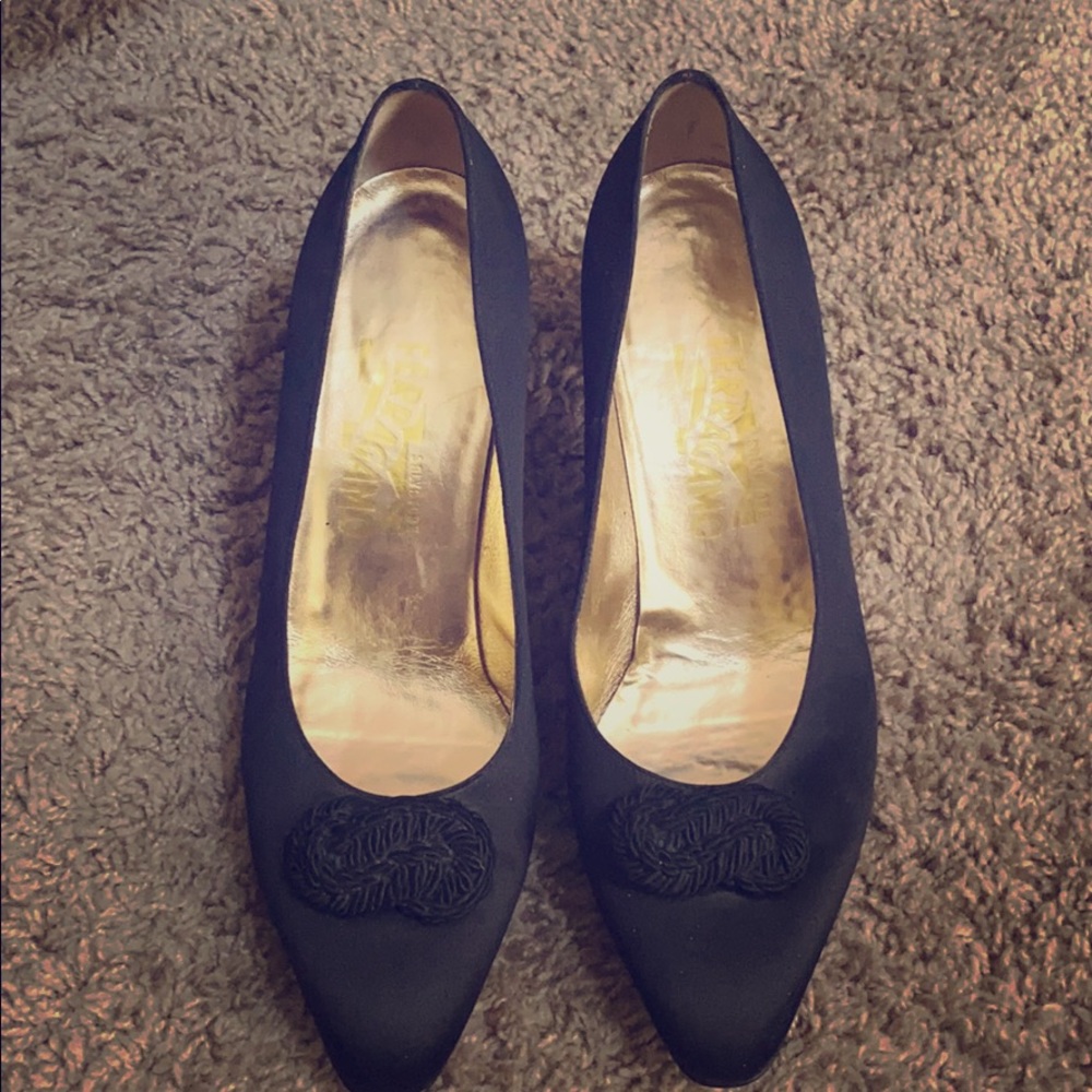 Salvatore Ferragamo black satin heels